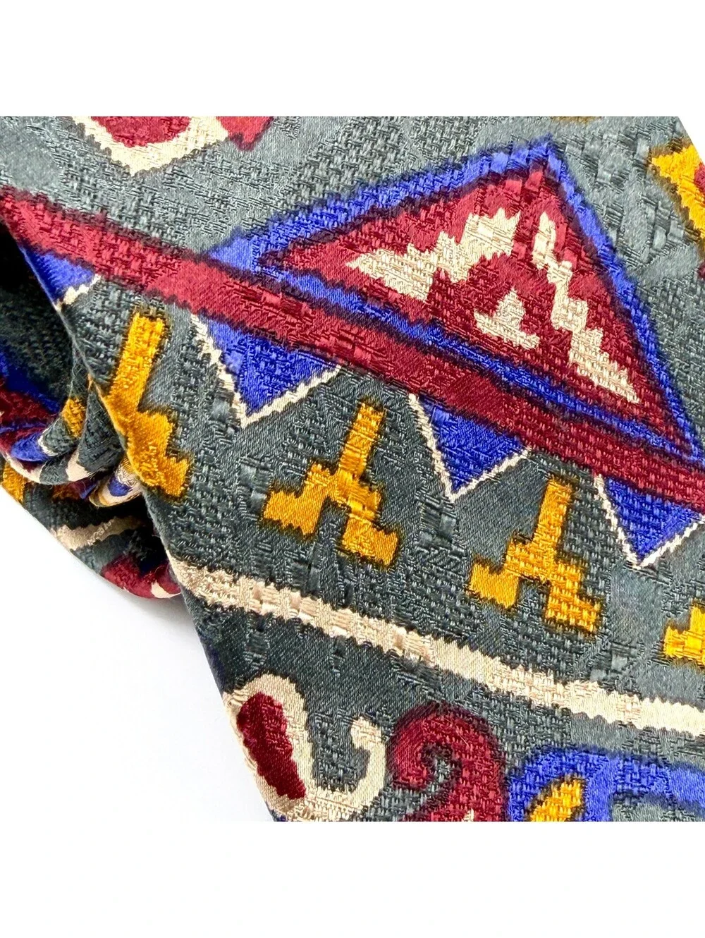 Vintage 90s Lands' End Green Silk Southwestern Kilim Necktie